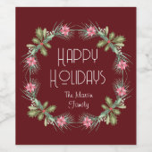 Happy Holidays watercolor wreath ワインラベル (シングルラベル)