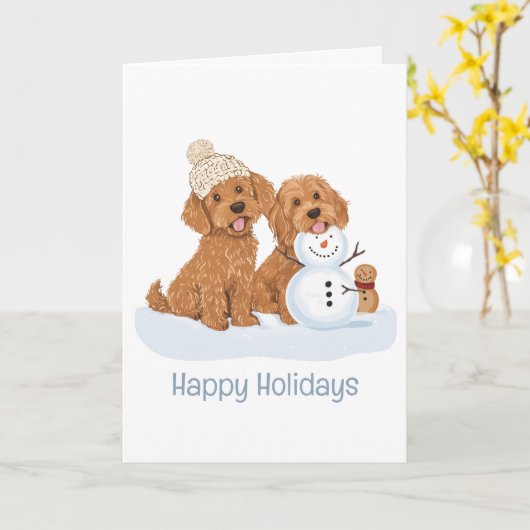 Happy Holidays Winter Goldendoodle Dog Snowman カード (黄色い花)
