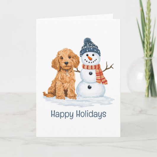 Happy Holidays Winter Goldendoodle Dog Snowman カード (正面)