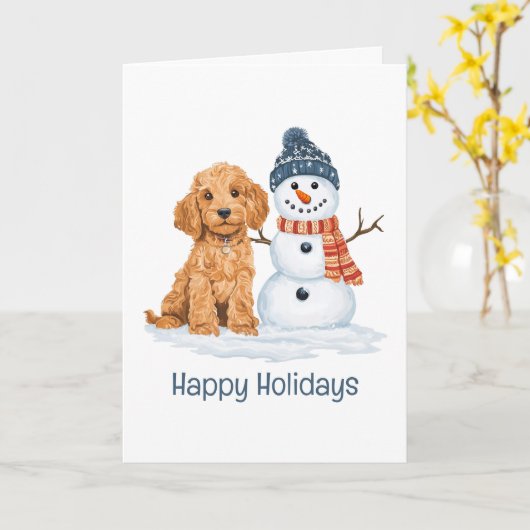 Happy Holidays Winter Goldendoodle Dog Snowman カード (黄色い花)