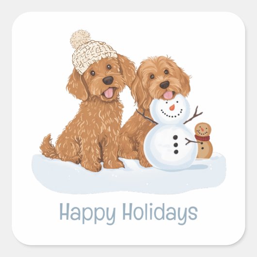 Happy Holidays Winter Goldendoodle Dog Snowman スクエアシール (正面)