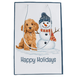 Happy Holidays Winter Goldendoodle Dog Snowman ミディアムペーパーバッグ