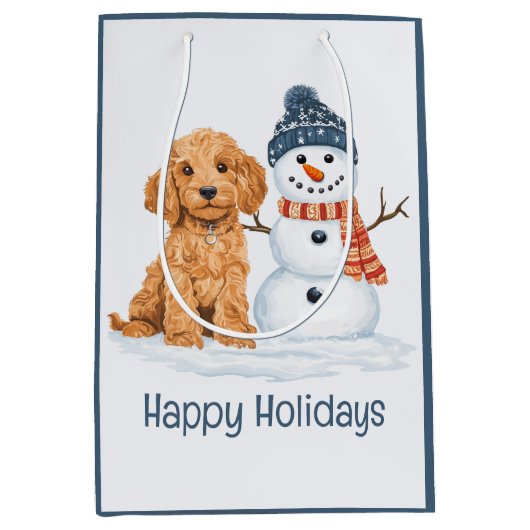 Happy Holidays Winter Goldendoodle Dog Snowman ミディアムペーパーバッグ (正面)