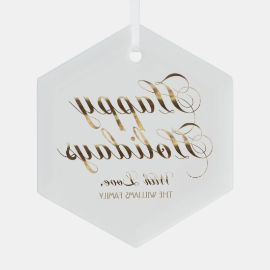 Happy Holidays With Love名前金ゴールドと白 ガラスオーナメント (裏面)