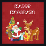 Happy Holidays with Santa and Reindeer ポスター<br><div class="desc">A cute illustration with the holiday spirit. Santa Claus carrying his gift sack and waving hello. His reindeer friend by his side, hanging out by a decorated Christmas tree, with presents all around. Set on a red background with whimsical circles. Festive and cheerful design. Happy Holidays written in a bold...</div>