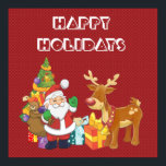 Happy Holidays with Santa and Reindeer ポスター<br><div class="desc">A cute illustration with the holiday spirit. Santa Claus carrying his gift sack and waving hello. His reindeer friend by his side, hanging out by a decorated Christmas tree, with presents all around. Set on a red background with whimsical circles. Festive and cheerful design. Happy Holidays written in a bold...</div>