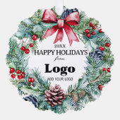 Happy Holidays Wreath Bow Logo Small Gifts Clients オーナメントカード (正面)