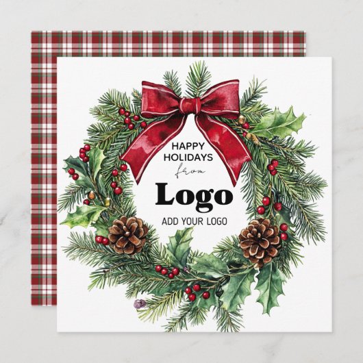 Happy Holidays Wreath Business Logo Bulk Custumer シーズンカード (正面/裏面)