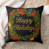 Happy Holidays Wreath Christmas Lights and Holly クッション (ブランケット)