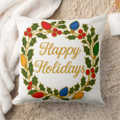 Happy Holidays Wreath Christmas Lights and Holly クッション (ブランケット)