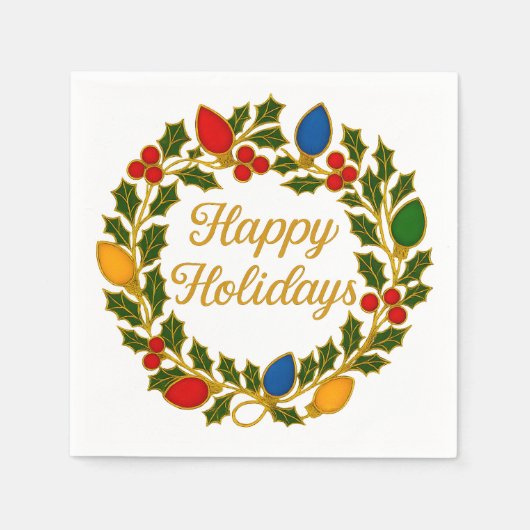 Happy Holidays Wreath Christmas Lights and Holly スタンダードカクテルナプキン (正面)