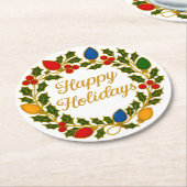 Happy Holidays Wreath Christmas Lights and Holly ラウンドペーパーコースター (アングル)