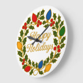 Happy Holidays Wreath Christmas Lights and Holly ラージ壁時計 (傾斜)
