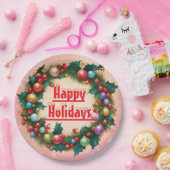 Happy Holidays Wreath Colourful Christmas Snow ペーパープレート (パーティー)