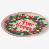 Happy Holidays Wreath Colourful Christmas Snow ペーパープレート (アングル)
