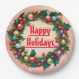 Happy Holidays Wreath Colourful Christmas Snow ペーパープレート