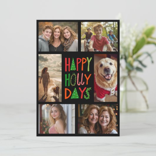 HAPPY HOLLY日ハンドドローカスタムド6枚の写真クリスマス シーズンカード (スタンド正面)