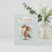 Happy horse enjoys a warm drink, Christmas holiday シーズンポストカード (スタンド正面)