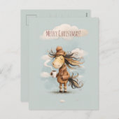 Happy horse enjoys a warm drink, Christmas holiday シーズンポストカード (正面/裏面)