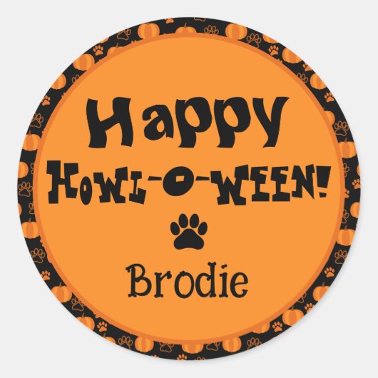 Happy Howl-O-Ween Personalized Dog Halloween ラウンドシール (正面)