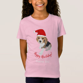 HAPPY HOWLIDAYSかわいいクリスマス子犬赤サンタハットピンク Tシャツ