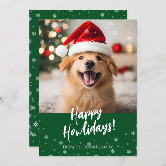 Happy Howlidaysスクリプトグリーンドッグ写真 シーズンカード (正面/裏面)