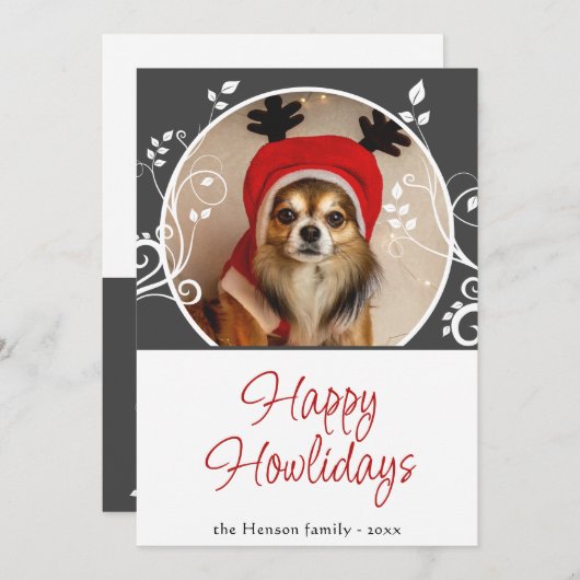 Happy Howlidays灰色の葉の犬の名前の写真 シーズンカード (正面/裏面)