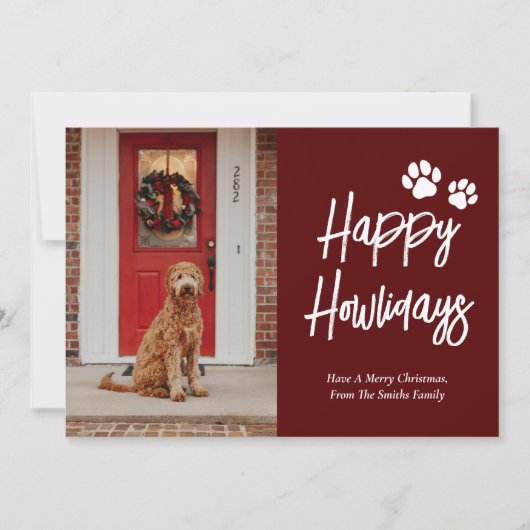 Happy Howlidays赤い書道ペットの写真 シーズンカード (正面)