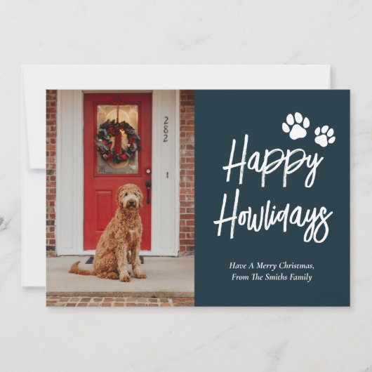 Happy Howlidays青い書道ペット写真 シーズンカード (正面)