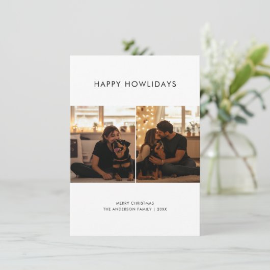 Happy Howlidays 2犬のクリスマスとカップルの写真 シーズンカード (スタンド正面)