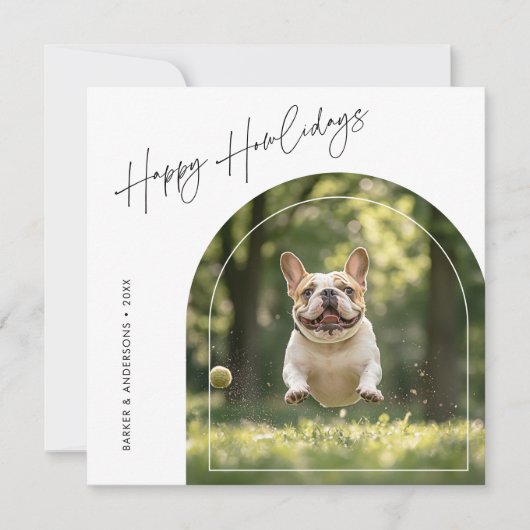 Happy Howlidays Arch Dogフォトクリスマス シーズンカード (正面)