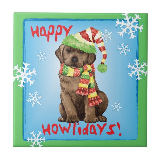 Happy Howlidays Chocolate Lab タイル (正面)