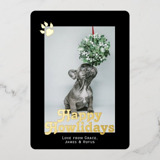 Happy Howlidays Dogをテーマにしたコーディネートパーソナライズされた 箔シーズンカード (正面)