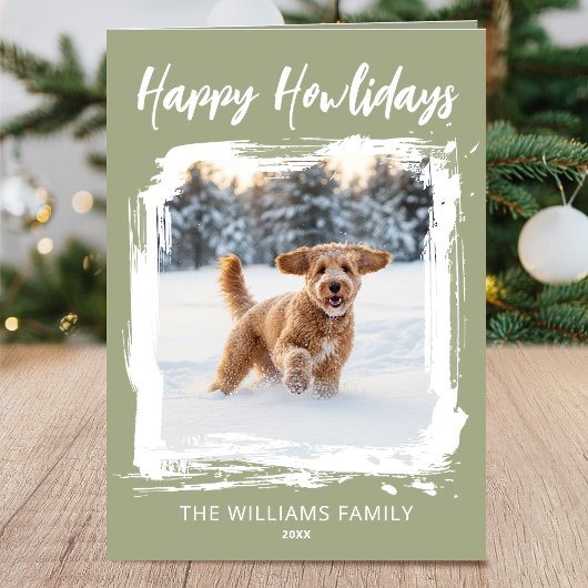 Happy Howlidays Dog 2 Photo Christmas Green Modern カード