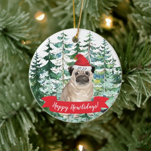 Happy Howlidays Pug Dog Christmas Ornament セラミックオーナメント (ツリー)