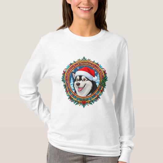 Happy Huslky Dog Inside Festive Christmas Wreath Tシャツ (正面)