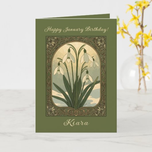 Happy January Birthday Snowdrop Flowers Art Nouvea カード (黄色い花)