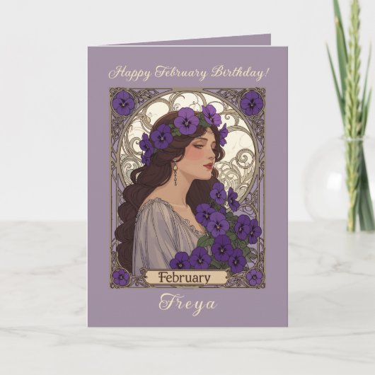 Happy January Birthday Violet Flowers Art Nouveau カード (正面)