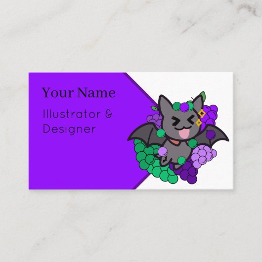 Happy Kawaii Bat with Purple Grapes - Whimsical Fr 名刺 (正面)