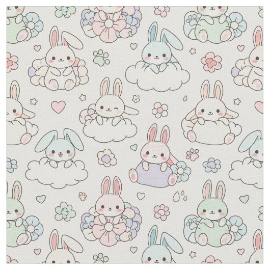 Happy Kawaii Bunny ファブリック (クローズアップ)