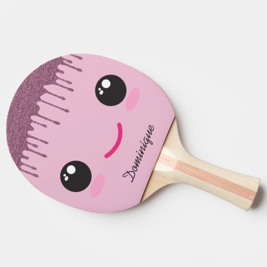Happy Kawaii Face Faux Glitter Customizable Name  卓球ラケット (横)