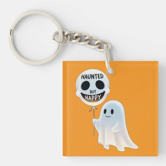 Happy Kawaii Ghost with Skull Balloon キーホルダー (正面)
