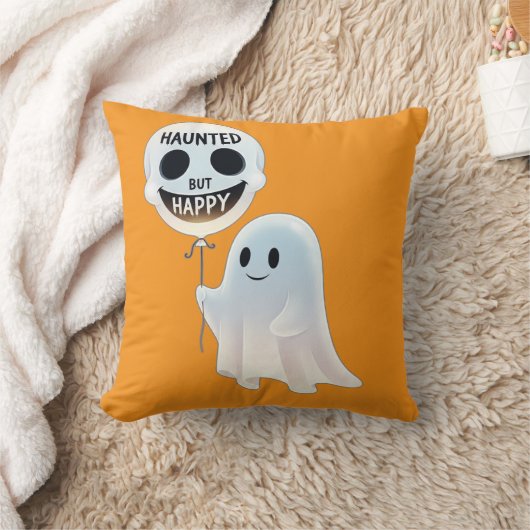 Happy Kawaii Ghost with Skull Balloon クッション (ブランケット)