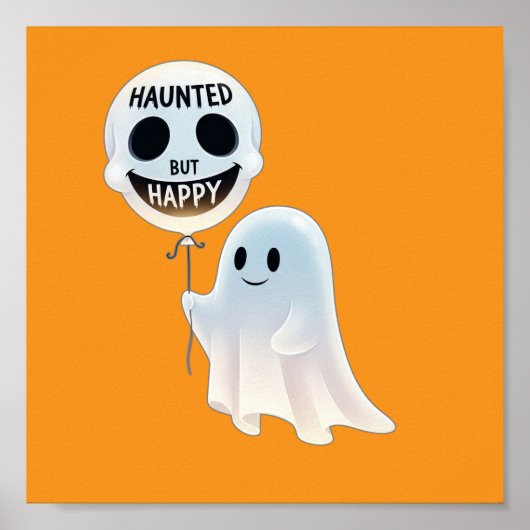 Happy Kawaii Ghost with Skull Balloon ポスター (正面)