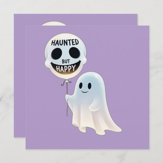Happy Kawaii Ghost with Skull Balloon 招待状 (正面/裏面)