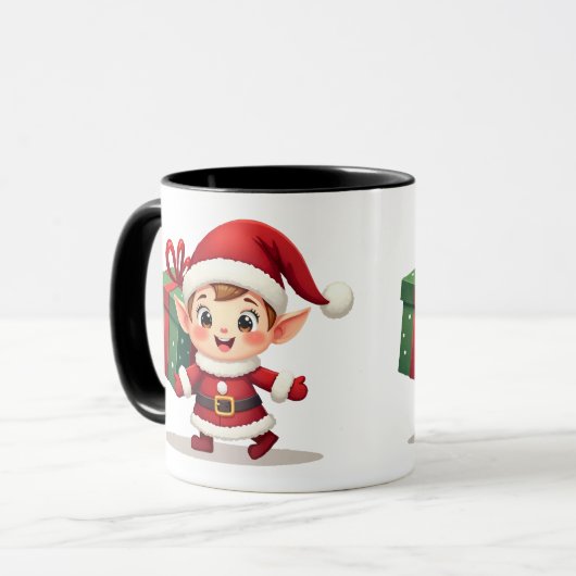 Happy Kawaii Santa's Elf Helper Carrying Gift マグカップ (正面左)