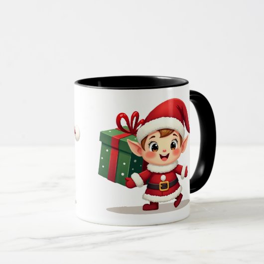 Happy Kawaii Santa's Elf Helper Carrying Gift マグカップ (正面右)