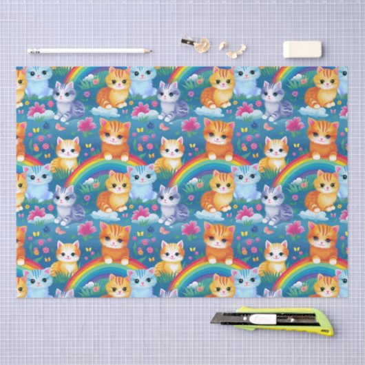Happy Kitty Cats on Rainbow Clouds 薄葉紙 (クラフト)