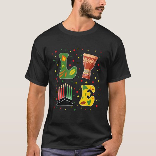 Happy Kwanzaa Drum Kinara Seven Candles Africa Cel Tシャツ (正面)