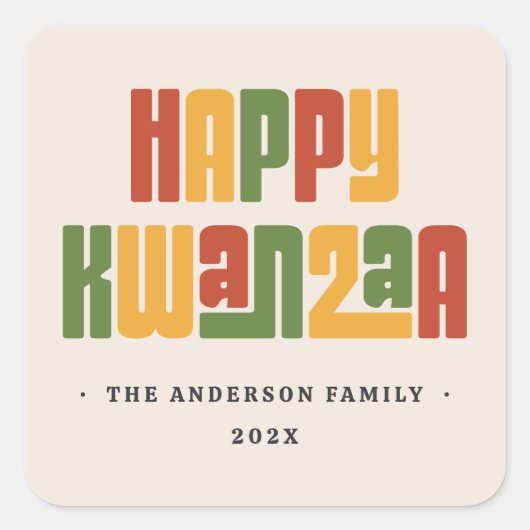 Happy Kwanzaa red green yellow text スクエアシール (正面)